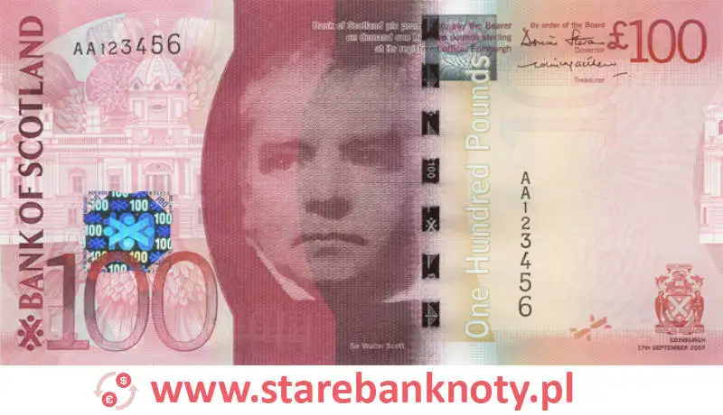 widok banknotu 100 funtów szkockich awers seria : The Bridges